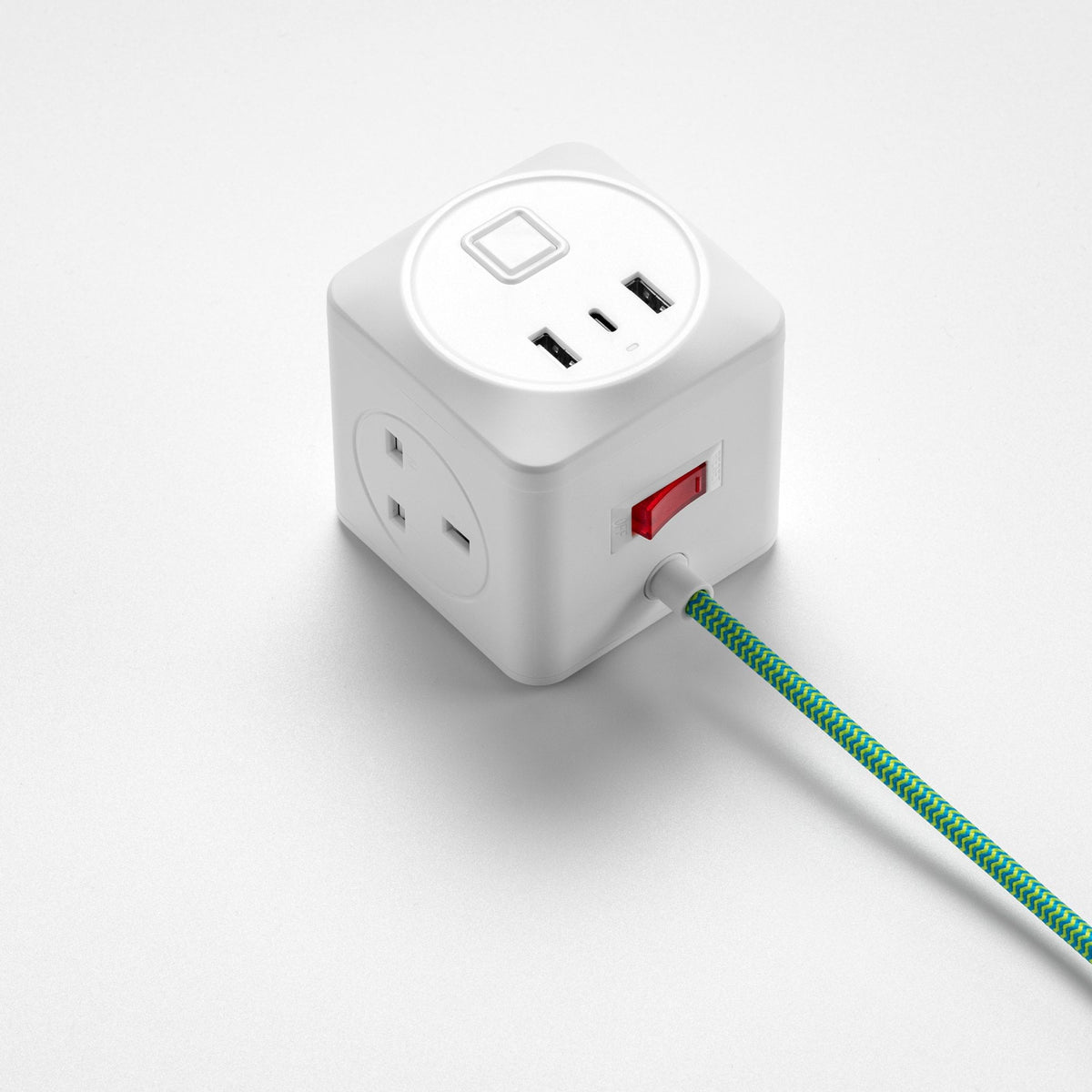 Decorative Triple Socket and USB 2m Extension Lead in White & Green