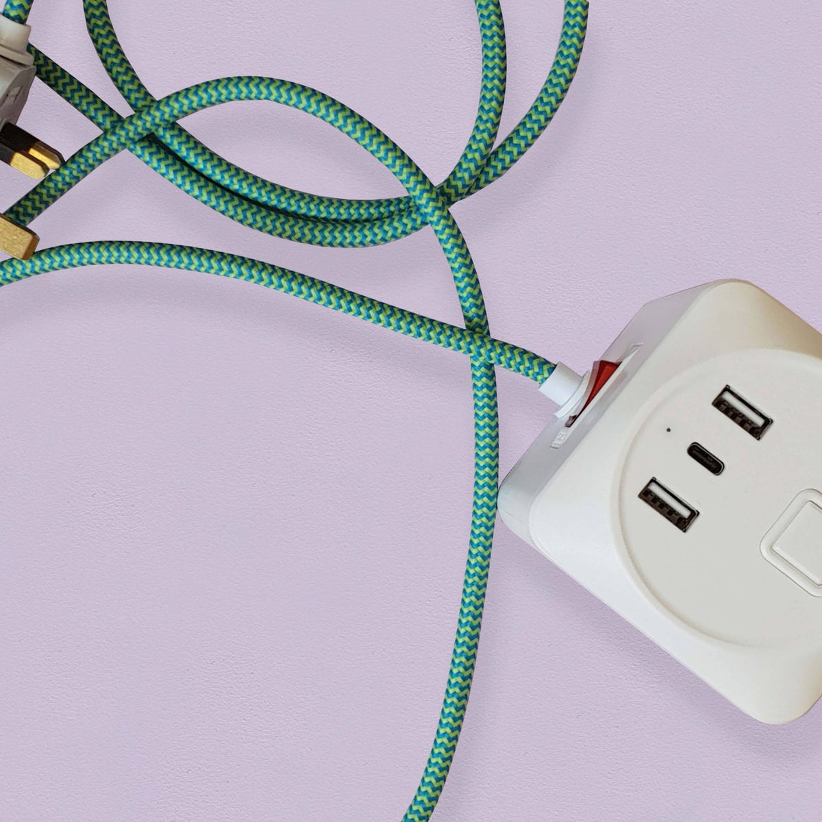 Decorative Triple Socket and USB 2m Extension Lead in White & Green