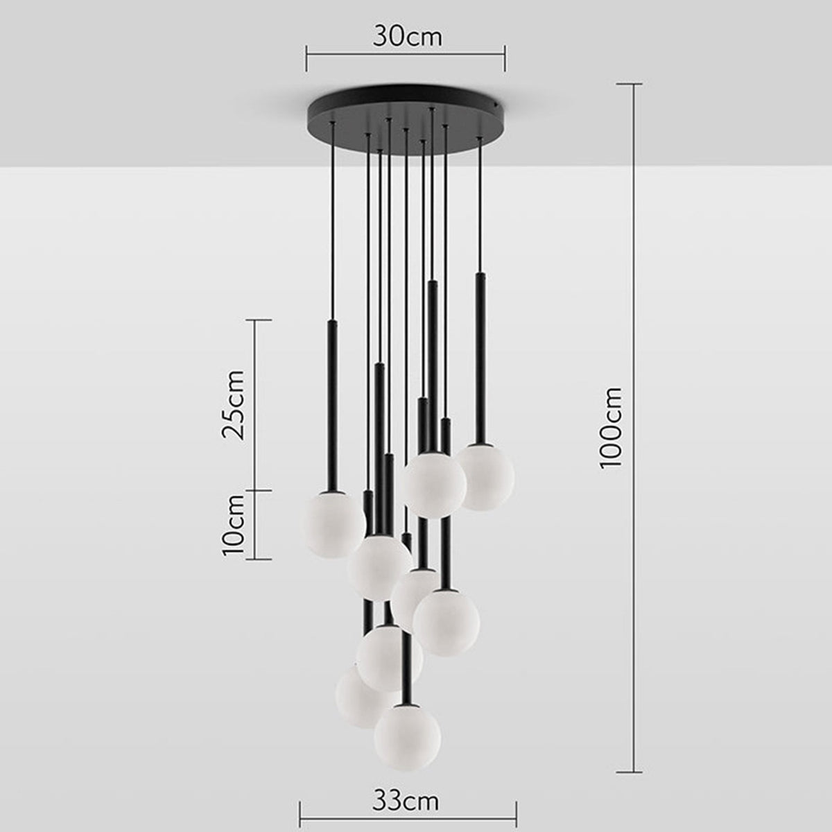 Houseof Alyssa Nine Drop G9 Cluster Pendant in Charcoal Grey with dimensions