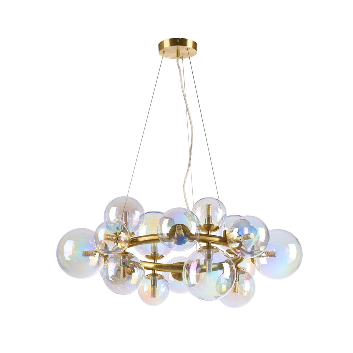 Shute 16lt Circular Pendant in Satin Gold & Iridescent Glass