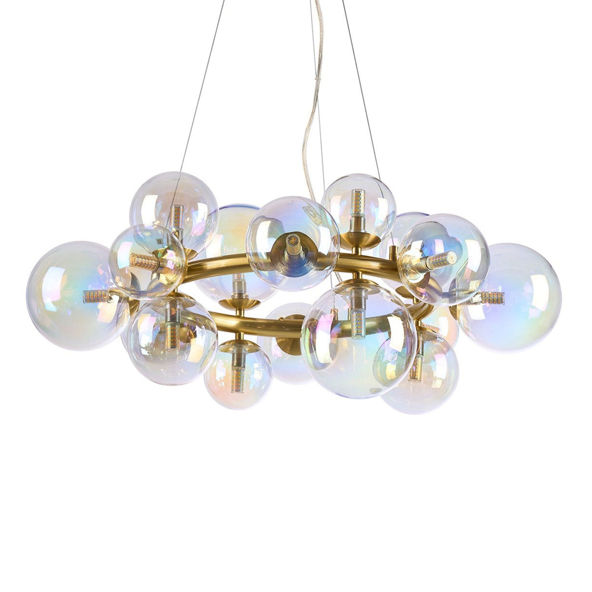 Shute 16lt Circular Pendant in Satin Gold & Iridescent Glass