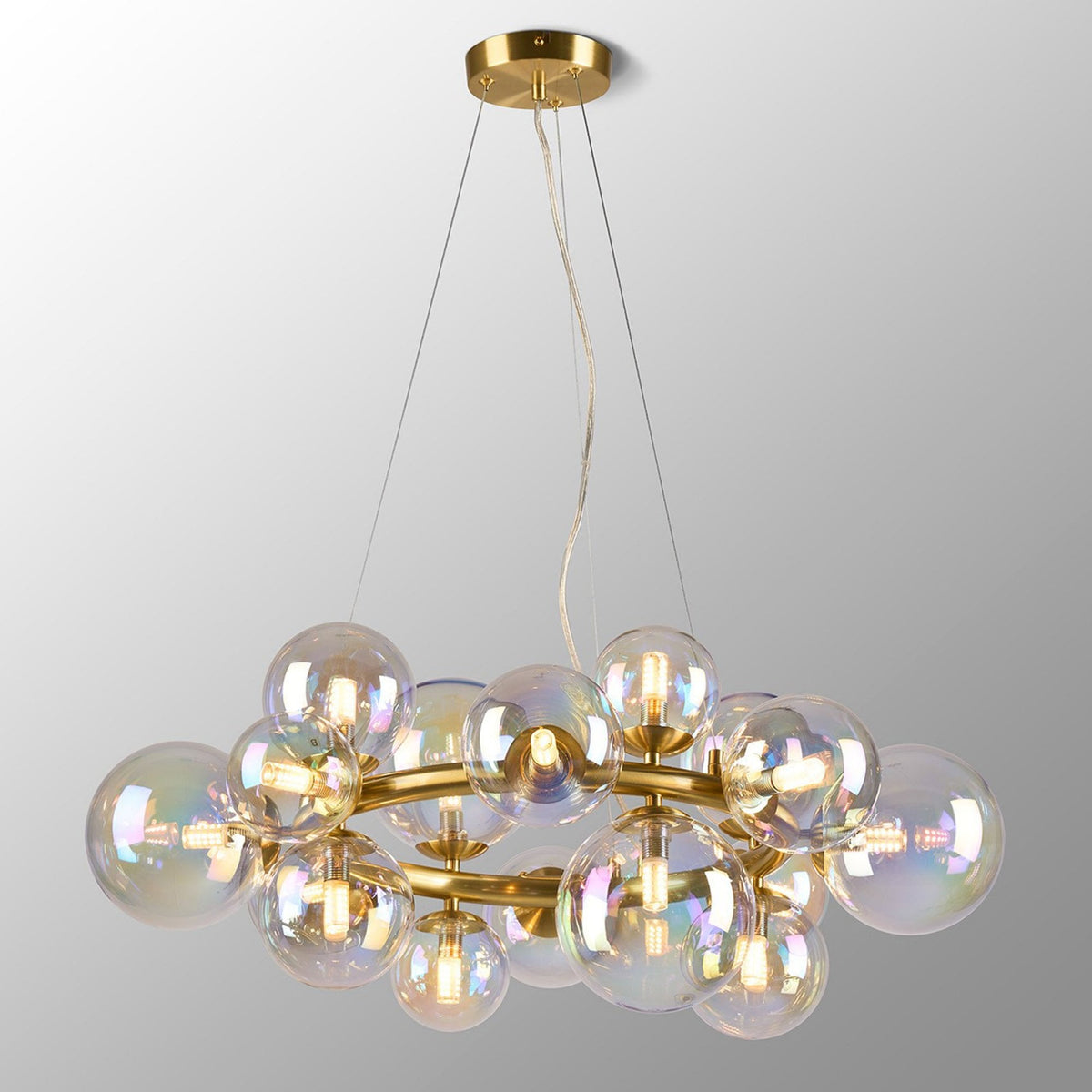 Shute 16lt Circular Pendant in Satin Gold & Iridescent Glass