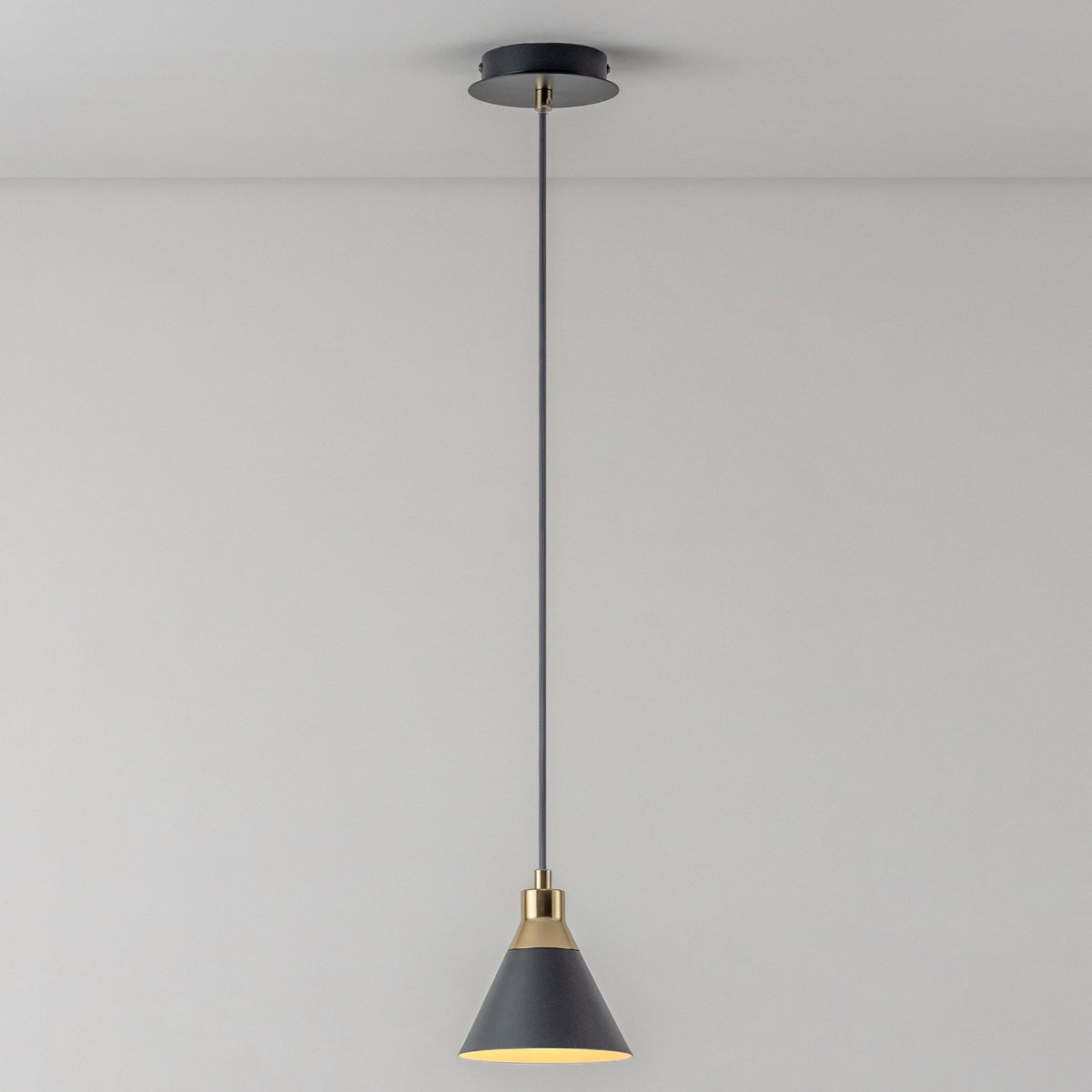 Cone Pendant Light in Charcoal Grey & Brass
