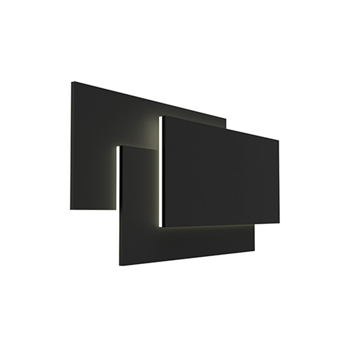 A black wall sconce with three overlapping rectangular shapes, emitting light from behind.