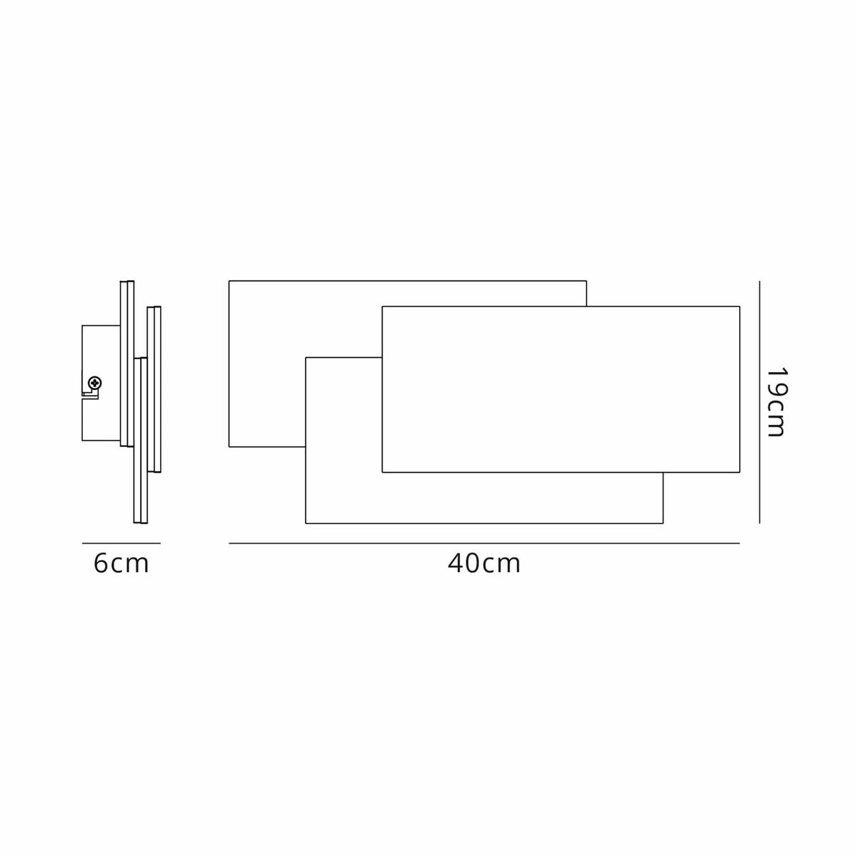 A line drawing of a wall sconce showing dimensions: 40cm wide, 19cm high, and 6cm deep.