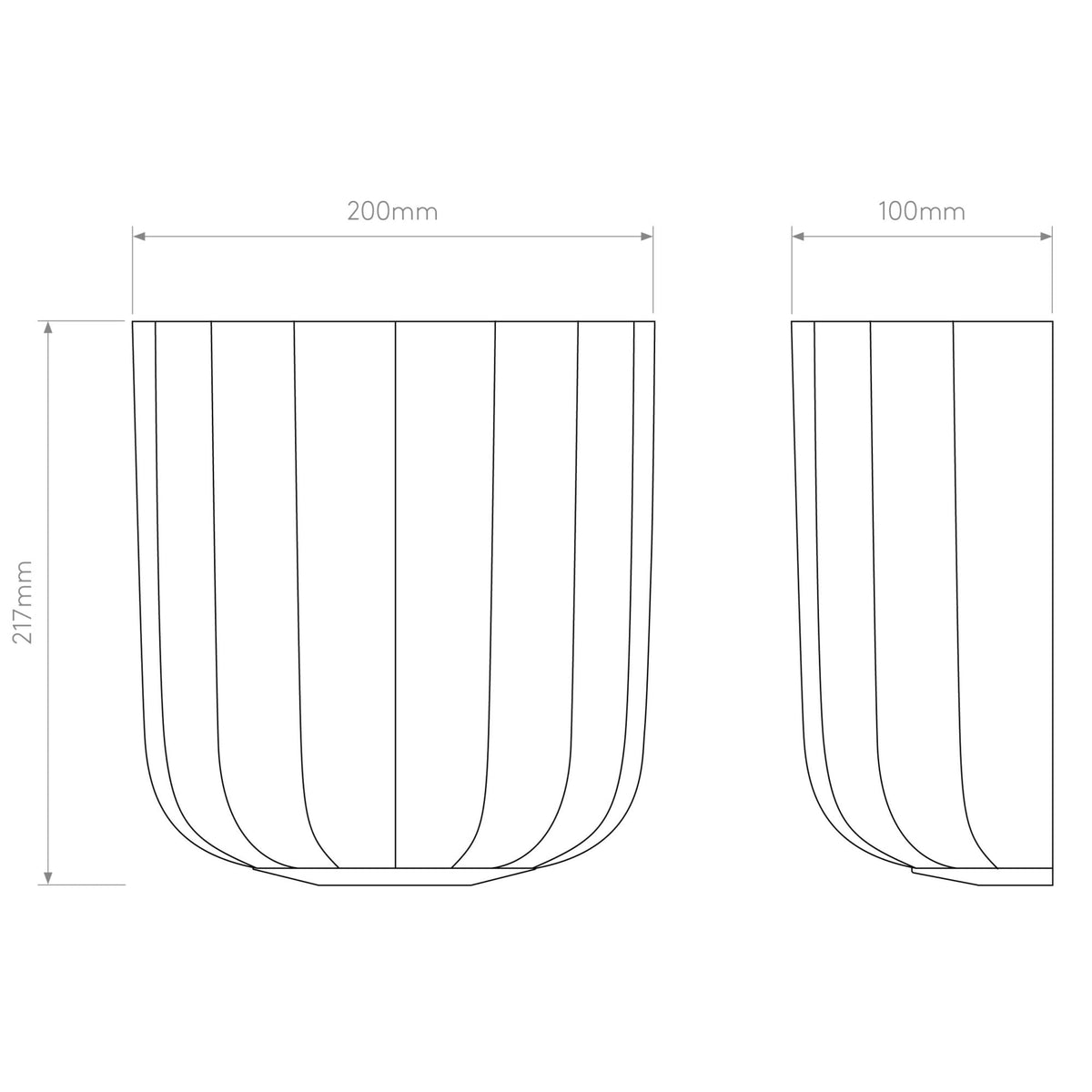 Technical drawing of a wall light, front view 200mm wide, side view 100mm wide, 217mm high