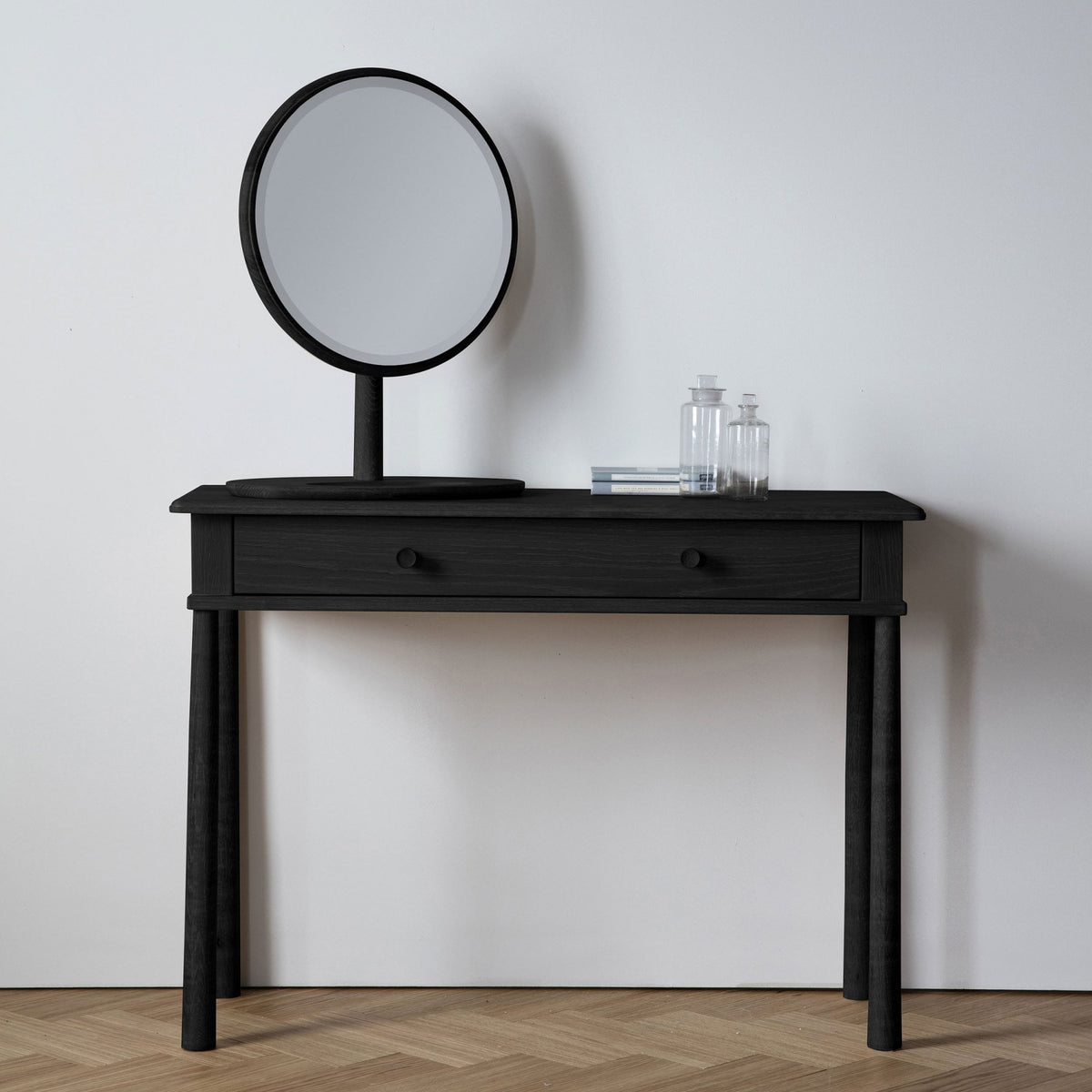Rushcombe Table Top Mirror in Black Stained Oak with Inset Vanity Tray