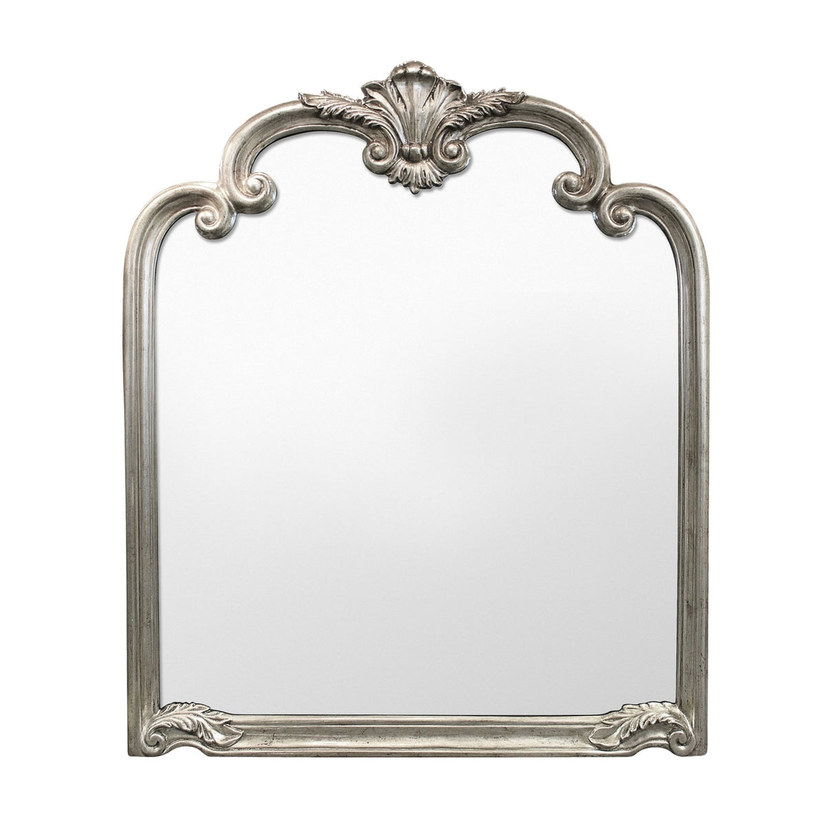 Marlston Aged Silver Ornate Arched Rectangular Over Mantel Mirror