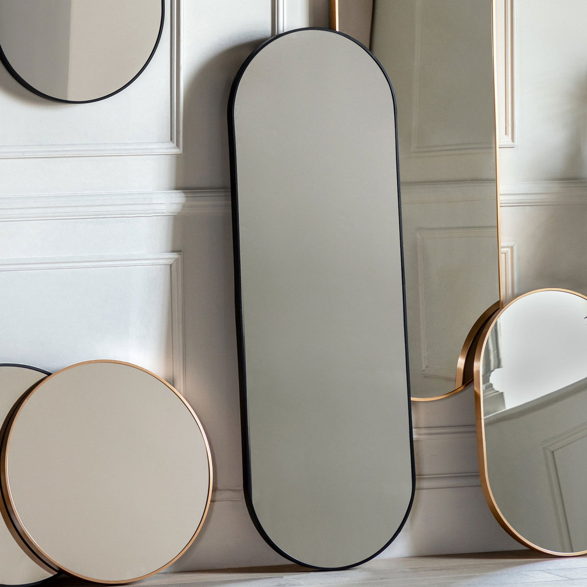 Avington Large Black Delicate Frame Ellipse Wall Mirror