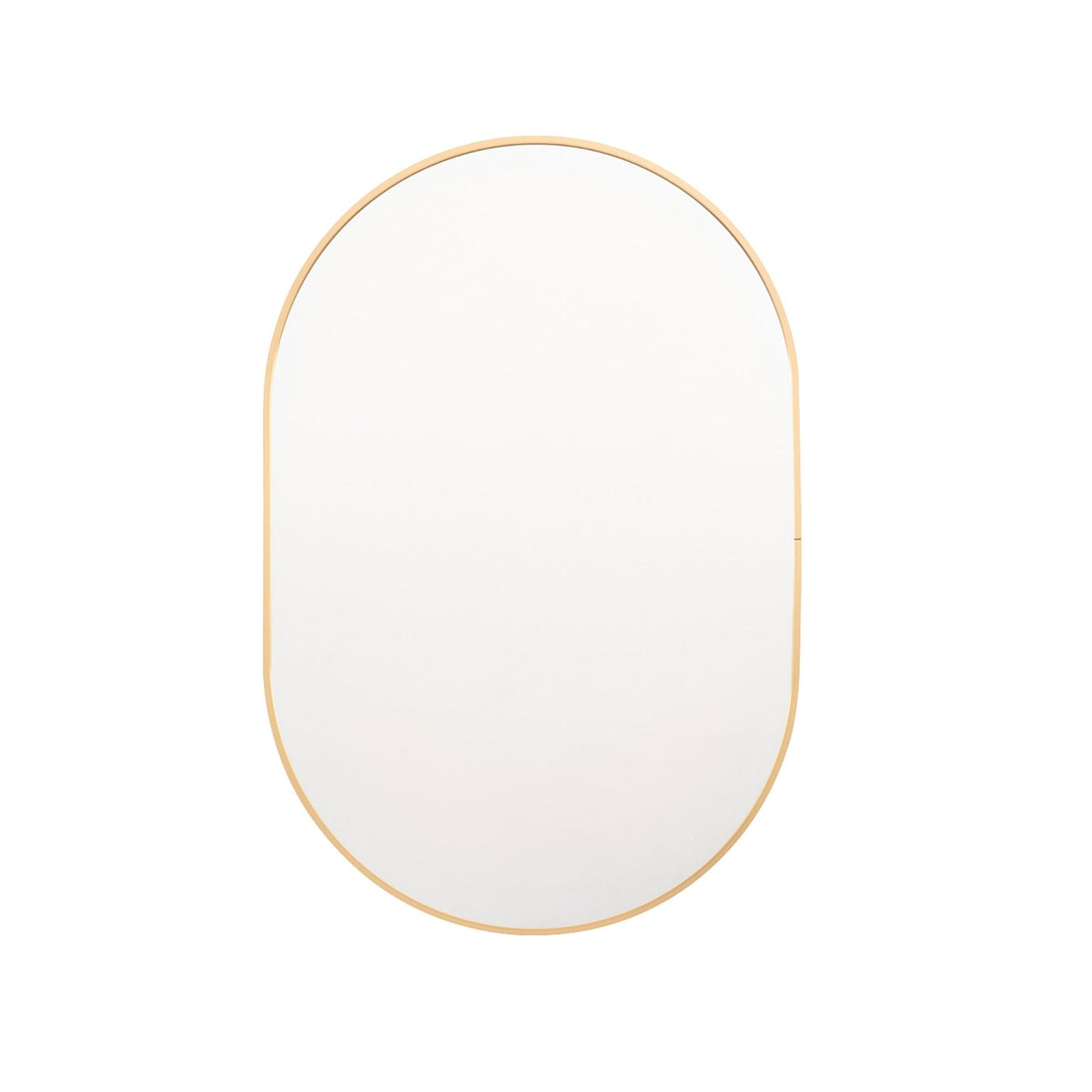 An oval gold-framed mirror on a white background.
