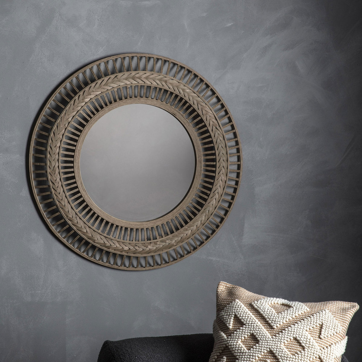 Grazeley Grey Stained Bamboo Framed Round Wall Mirror