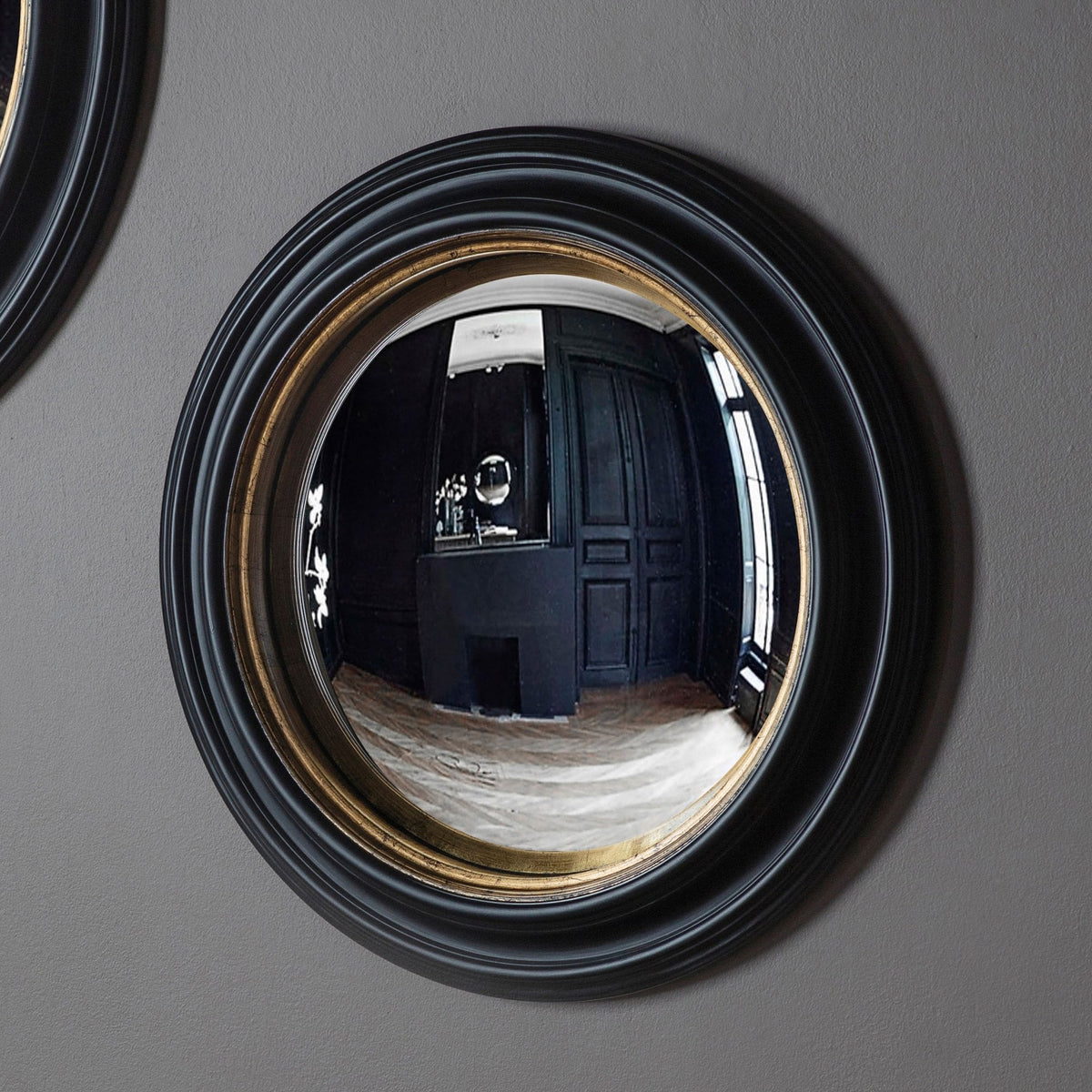 Wraysbury Matt Black with Aged Gold Inlay Medium Round Convex Wall Mirror