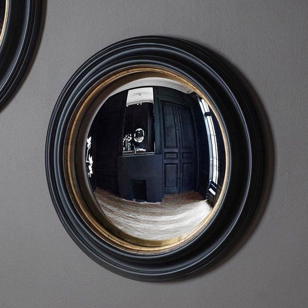 Wraysbury Matt Black with Aged Gold Inlay Medium Round Convex Wall Mirror