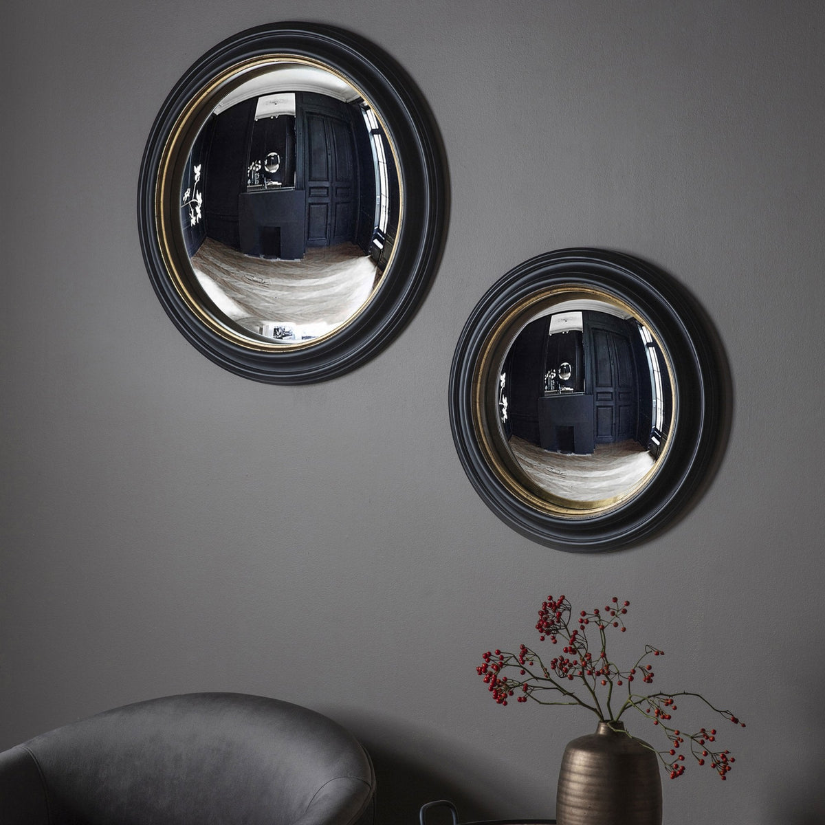 Wraysbury Matt Black with Aged Gold Inlay Medium Round Convex Wall Mirror