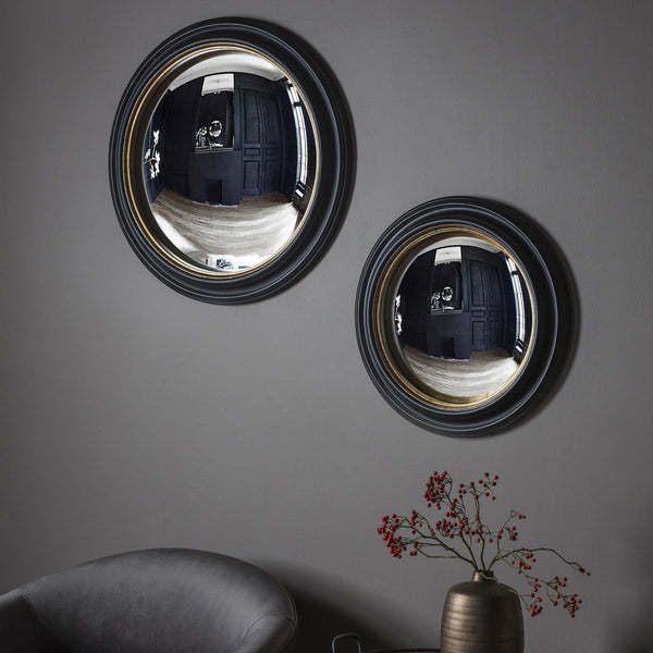 Wraysbury Matt Black with Aged Gold Inlay Medium Round Convex Wall Mirror