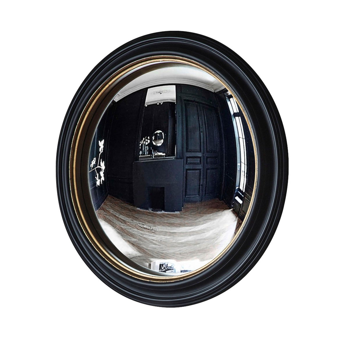 Wraysbury Matt Black with Aged Gold Inlay Medium Round Convex Wall Mirror