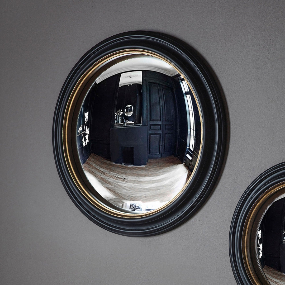 Wraysbury Matt Black with Aged Gold Inlay Large Round Convex Wall Mirror