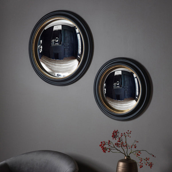 Wraysbury Matt Black with Aged Gold Inlay Large Round Convex Wall Mirror