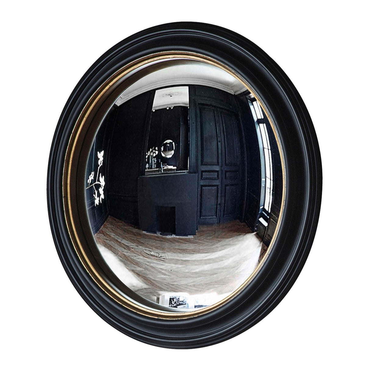 Wraysbury Matt Black with Aged Gold Inlay Large Round Convex Wall Mirror
