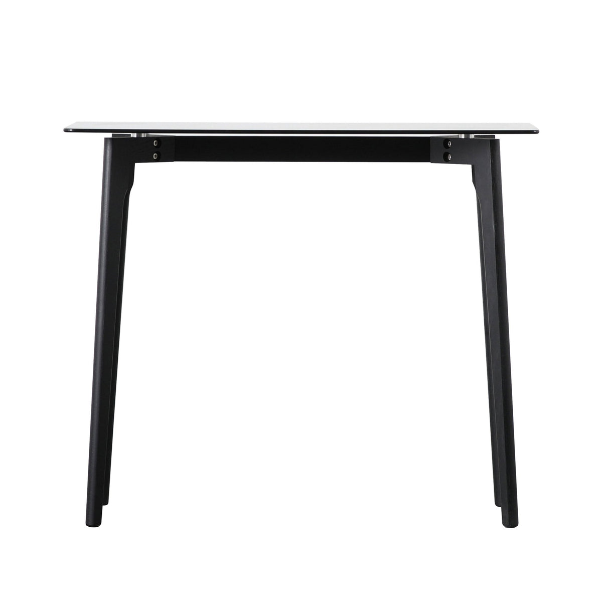 A minimalist black console table with a white top against a plain white background.