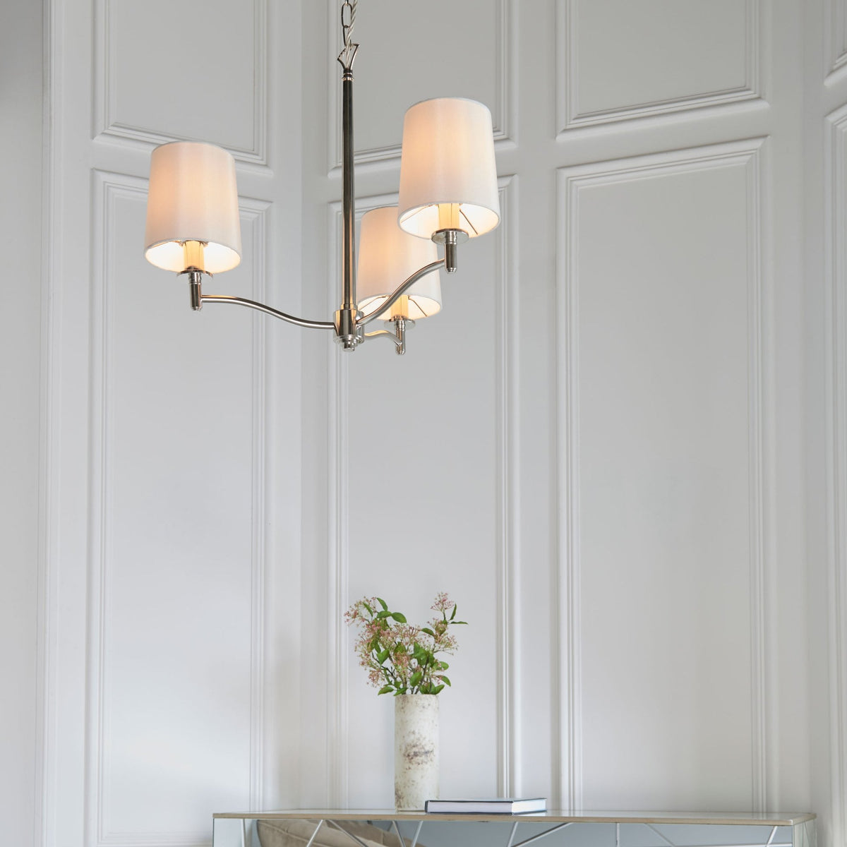 Ortona 3 Arm Pendant in Bright Nickel With White Shades