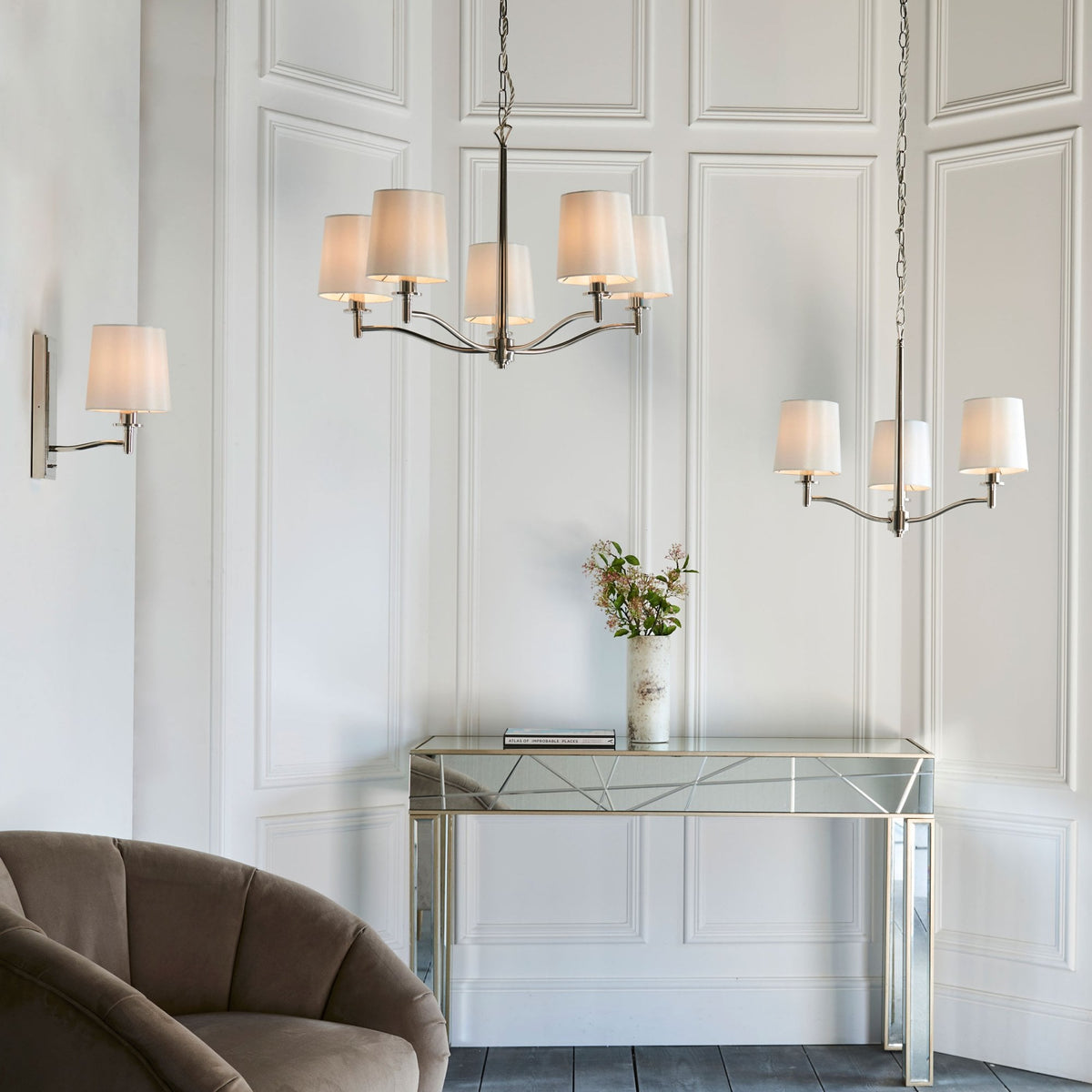 Ortona 3 Arm Pendant in Bright Nickel With White Shades