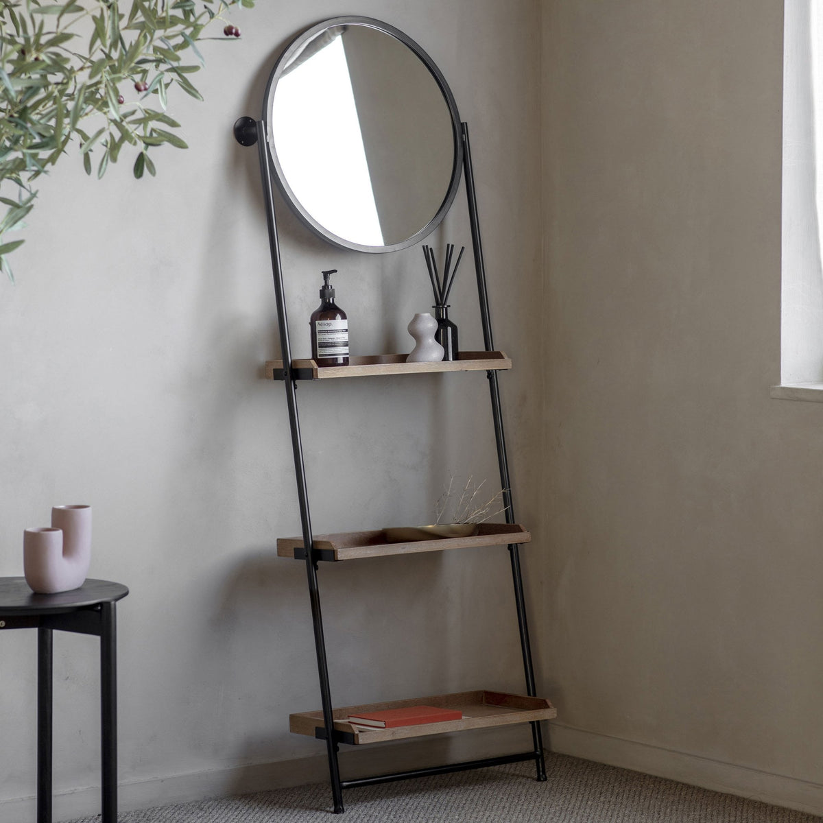 Beedon Matt Black Leaner Mirror with Wooden Shelves