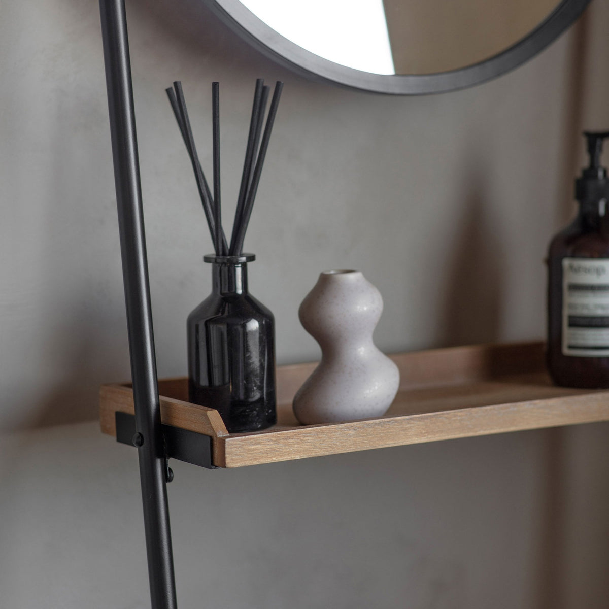 Beedon Matt Black Leaner Mirror with Wooden Shelves
