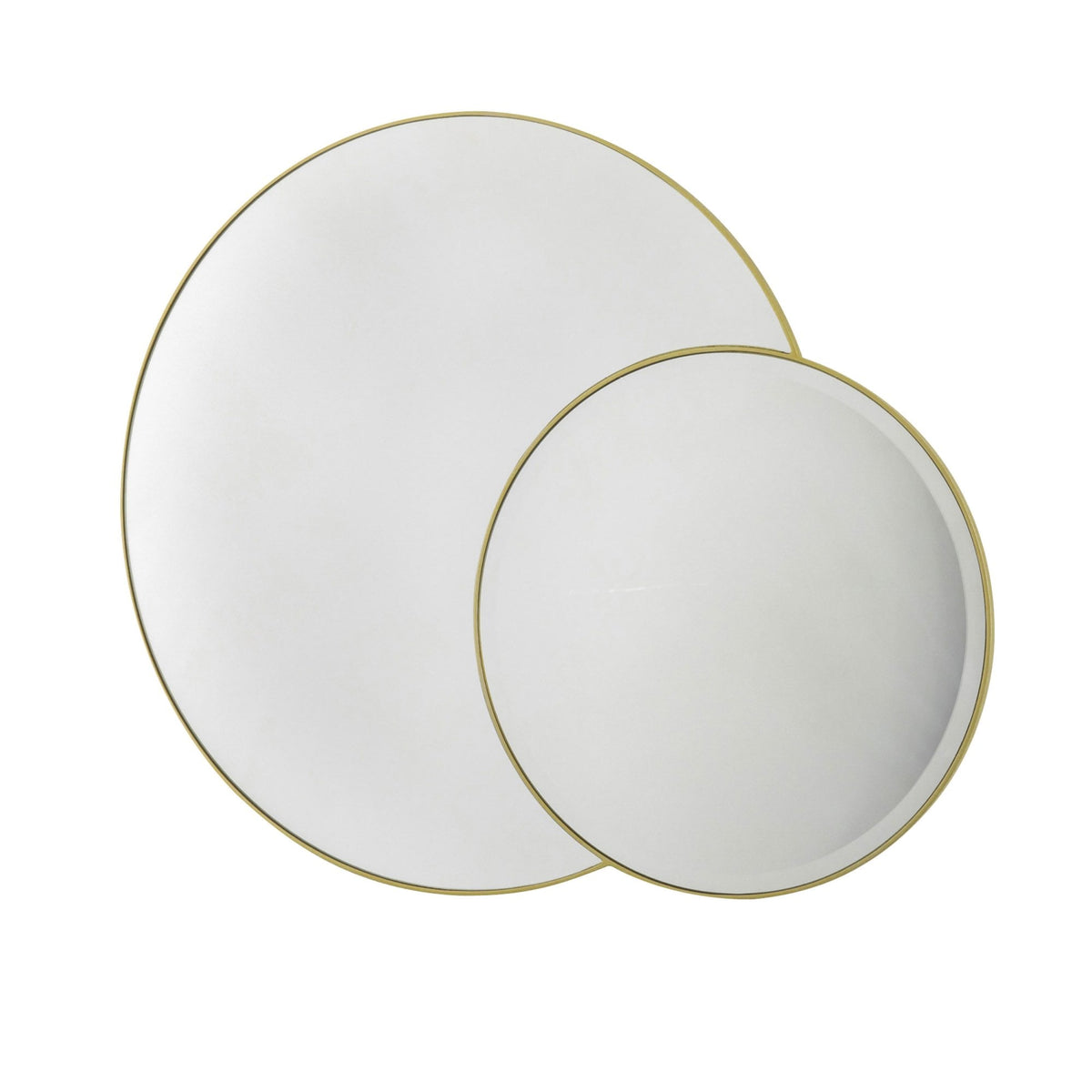 Two round gold-rimmed mirrors, one larger than the other, on a white background.