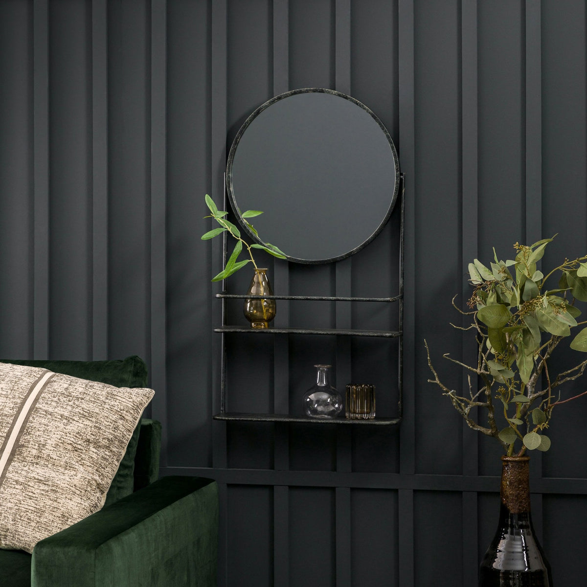 Oare Aged Black Round Wall Mirror with Two Shelves