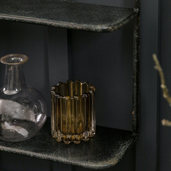 Oare Aged Black Round Wall Mirror with Two Shelves