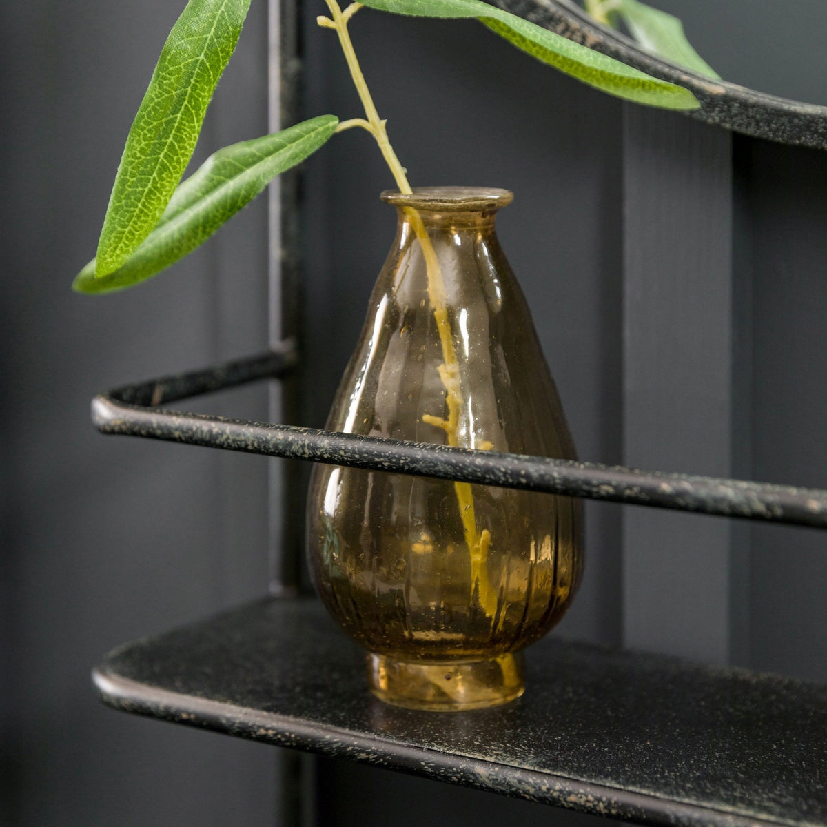Oare Aged Black Round Wall Mirror with Two Shelves