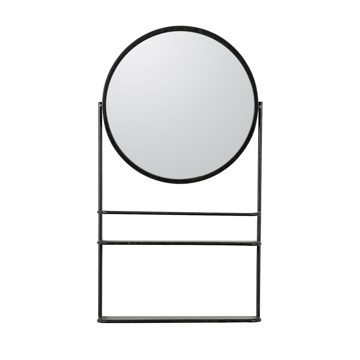 Oare Aged Black Round Wall Mirror with Two Shelves