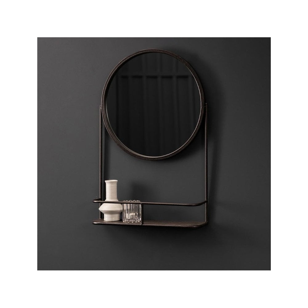 Oare Charcoal Black Round Wall Mirror with Shelf