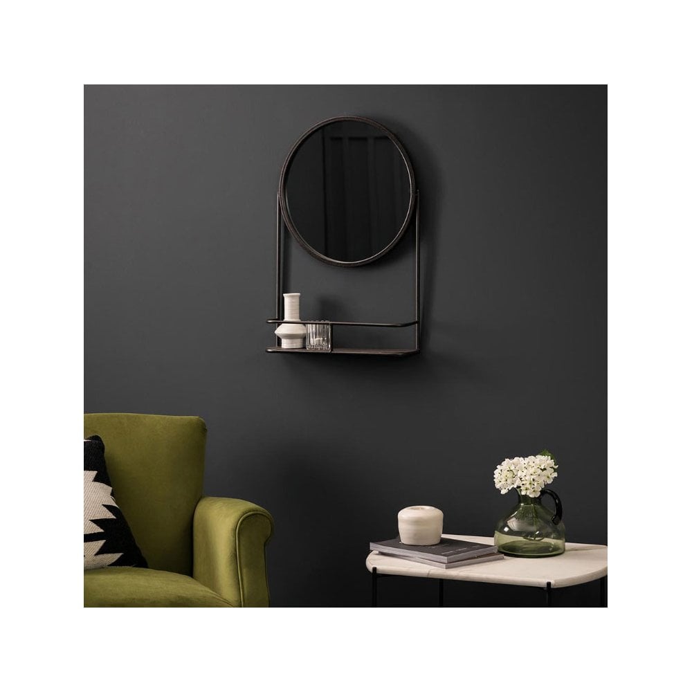 Oare Charcoal Black Round Wall Mirror with Shelf