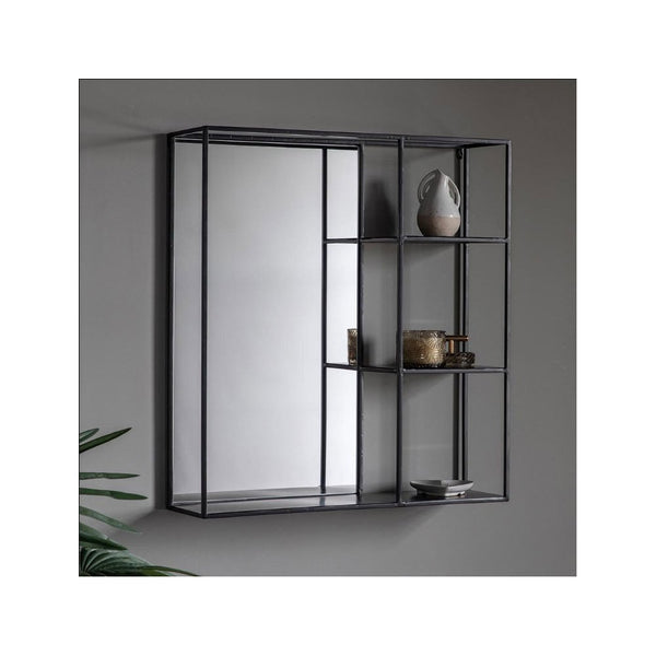 Sunninghill Matt Black Rectangular Portrait Wall Mirror with Three Shelves
