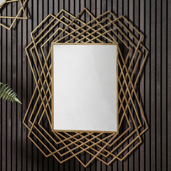 Bisham Aged Gold Finished Geometric Metal Frame Rectangle Wall Mirror