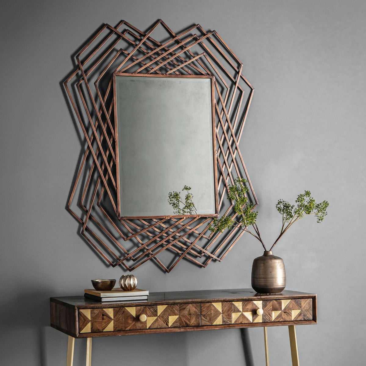 Bisham Burnished Copper Finished Geometric Metal Frame Rectangle Wall Mirror