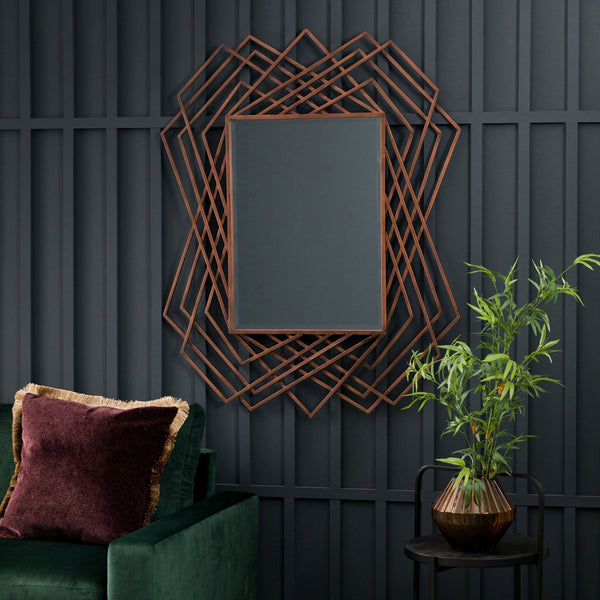 Bisham Burnished Copper Finished Geometric Metal Frame Rectangle Wall Mirror
