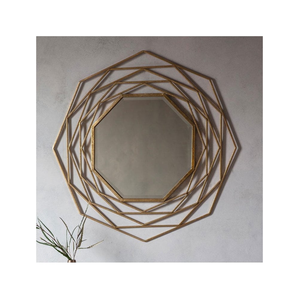 Bisham Satin Gold Finished Geometric Metal Frame Octagon Wall Mirror