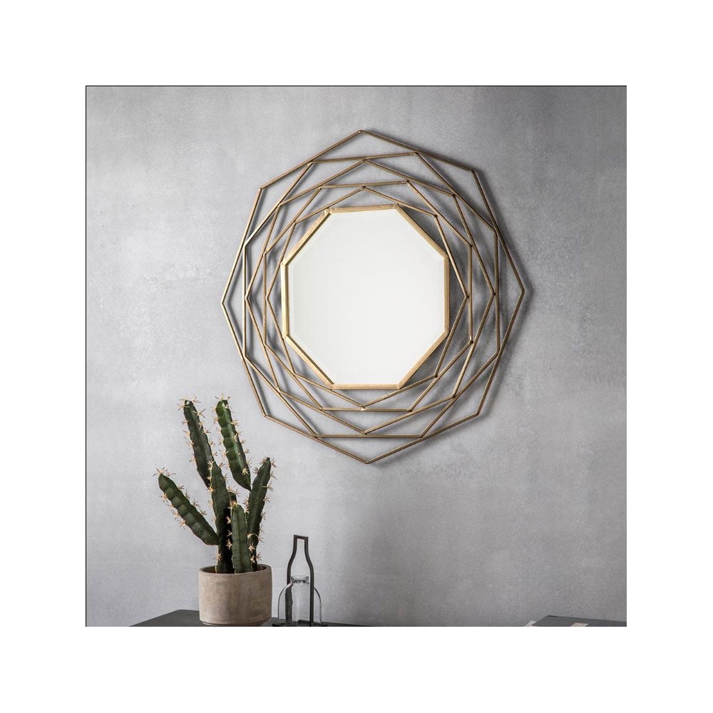 Bisham Satin Gold Finished Geometric Metal Frame Octagon Wall Mirror