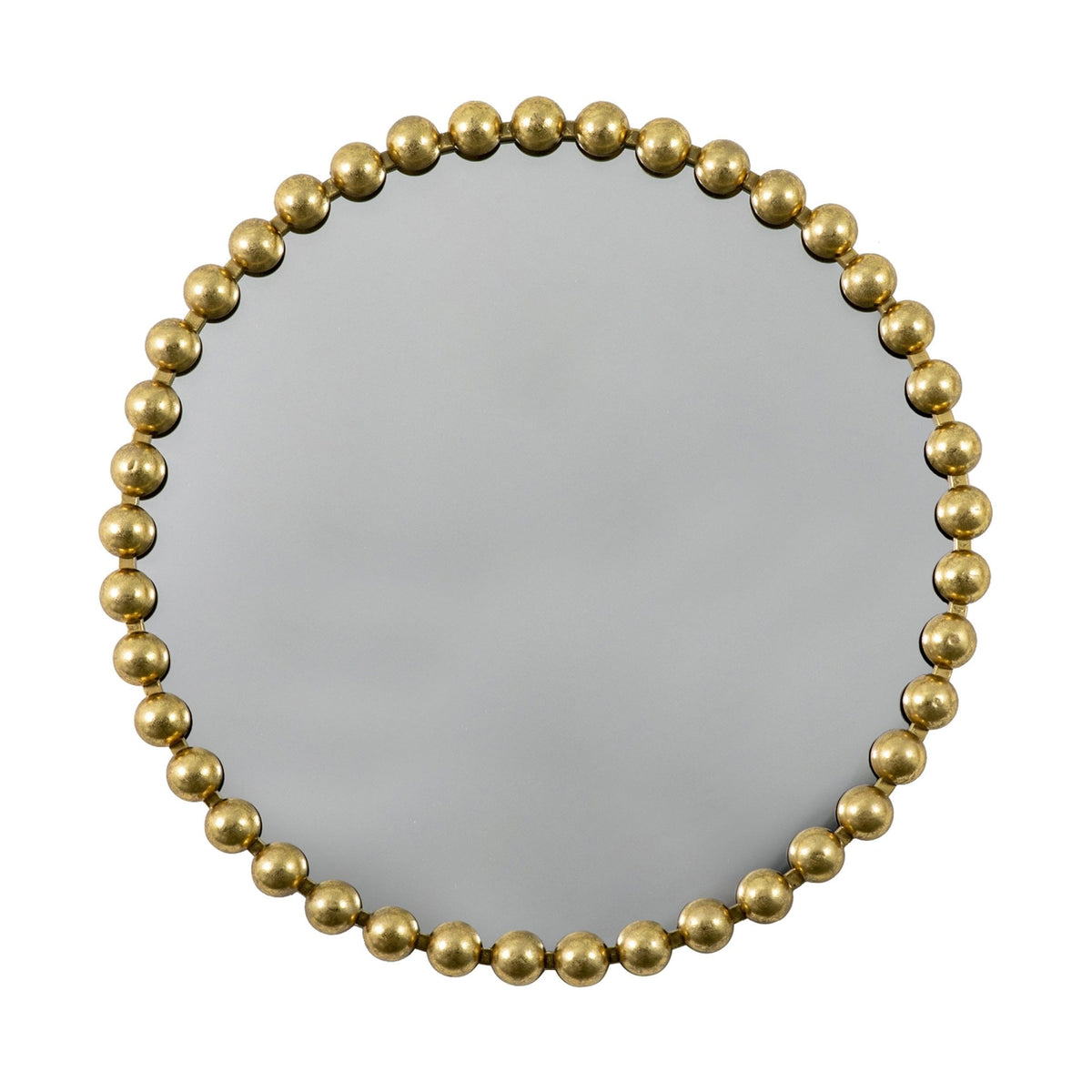 A round mirror with a gold beaded frame on a white background.