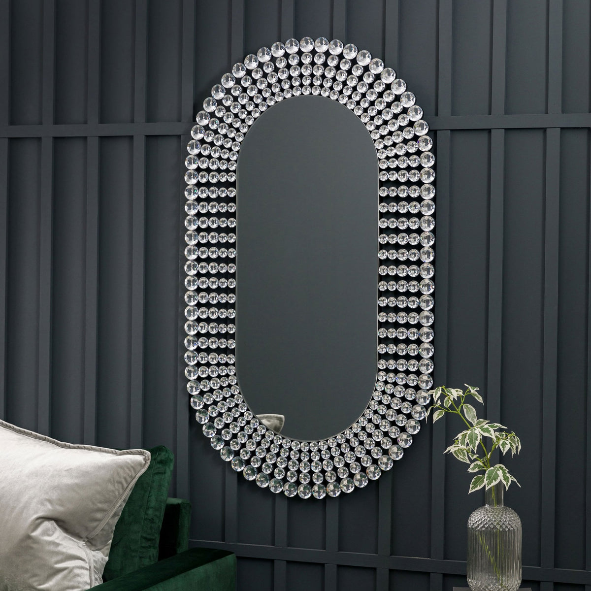 Riseley Ellipse Wall Mirror with Clear Facetted Jewels Mounted on Matt Black Frame