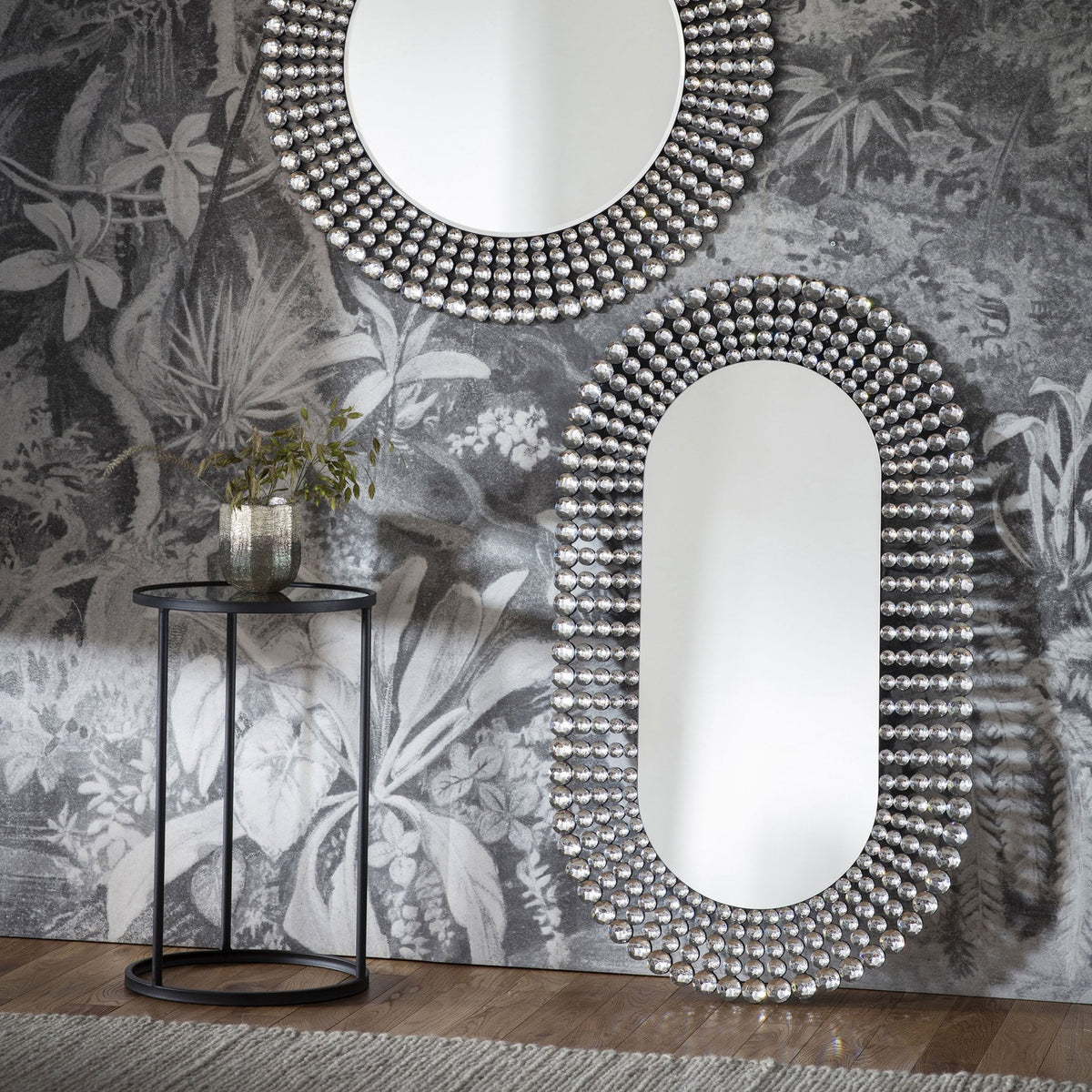 Riseley Ellipse Wall Mirror with Clear Facetted Jewels Mounted on Matt Black Frame