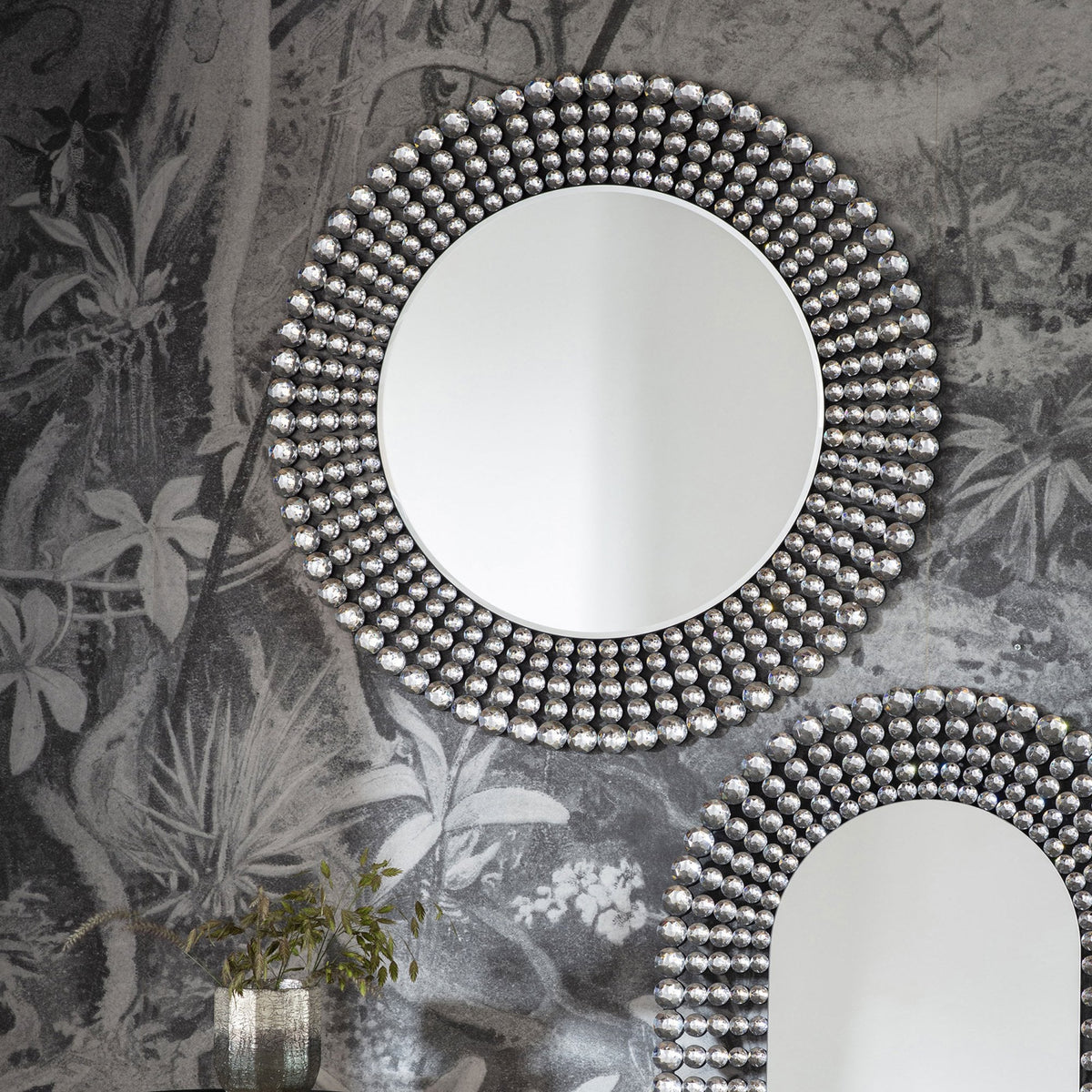 Riseley Round Wall Mirror with Clear Facetted Jewels Mounted on Matt Black Frame