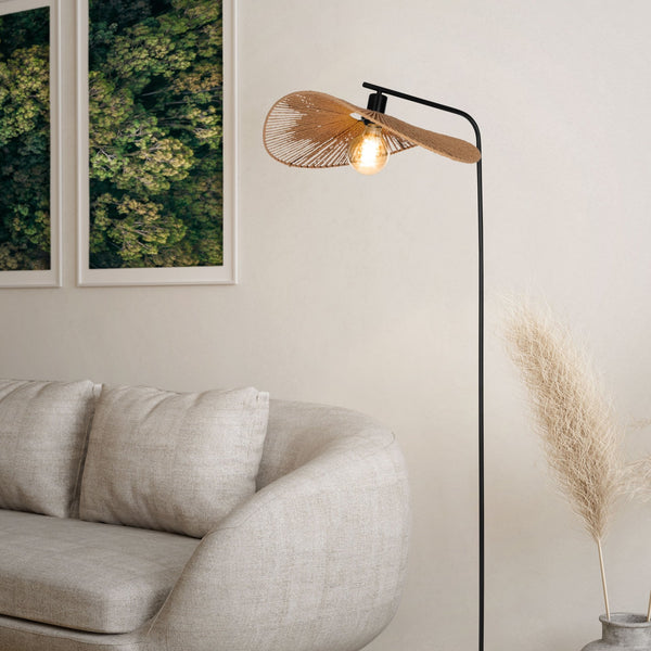 Siruela Floor Lamp In Matt Black With Natural Shade