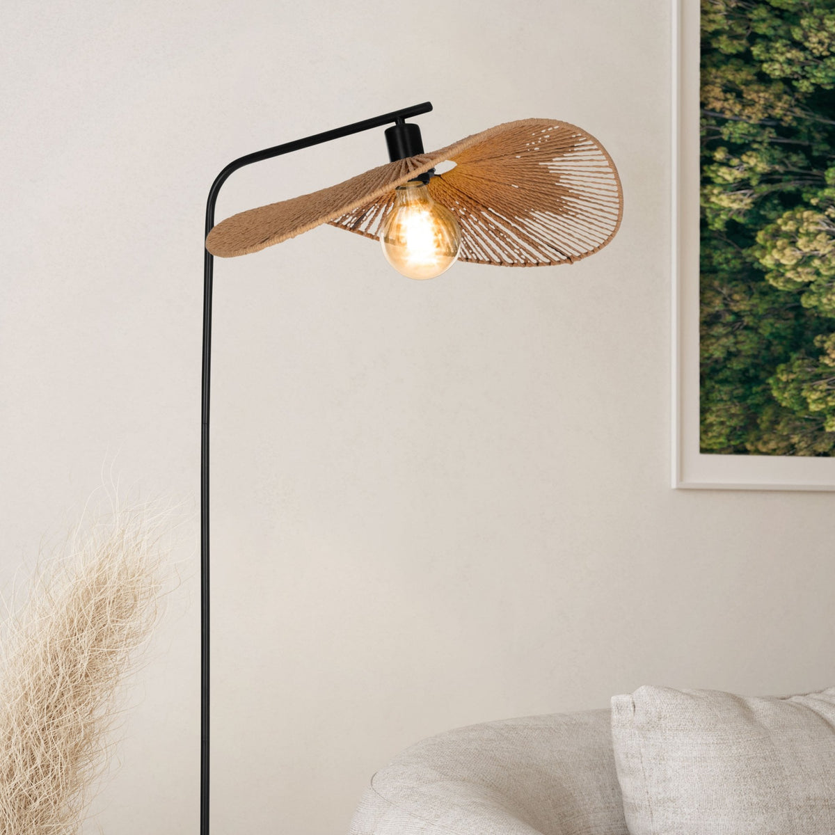 Siruela Floor Lamp In Matt Black With Natural Shade