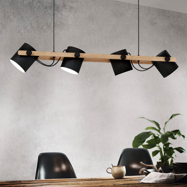 Hornwood Four Lamp Linear Pendant in Pinewood & Black Adjustable Shades