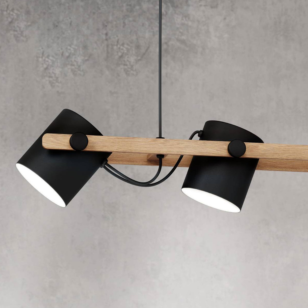 Hornwood Four Lamp Linear Pendant in Pinewood & Black Adjustable Shades