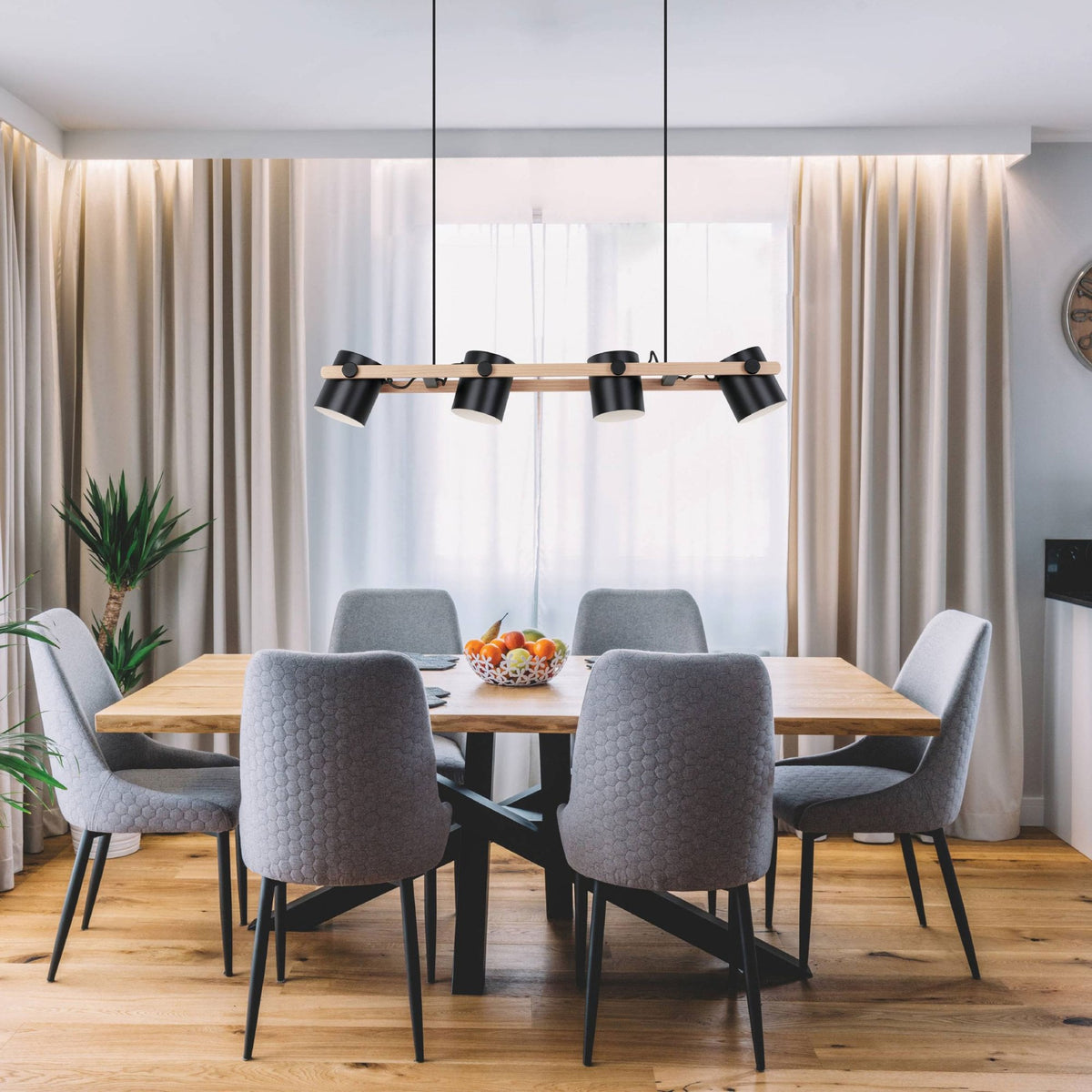 Hornwood Four Lamp Linear Pendant in Pinewood & Black Adjustable Shades